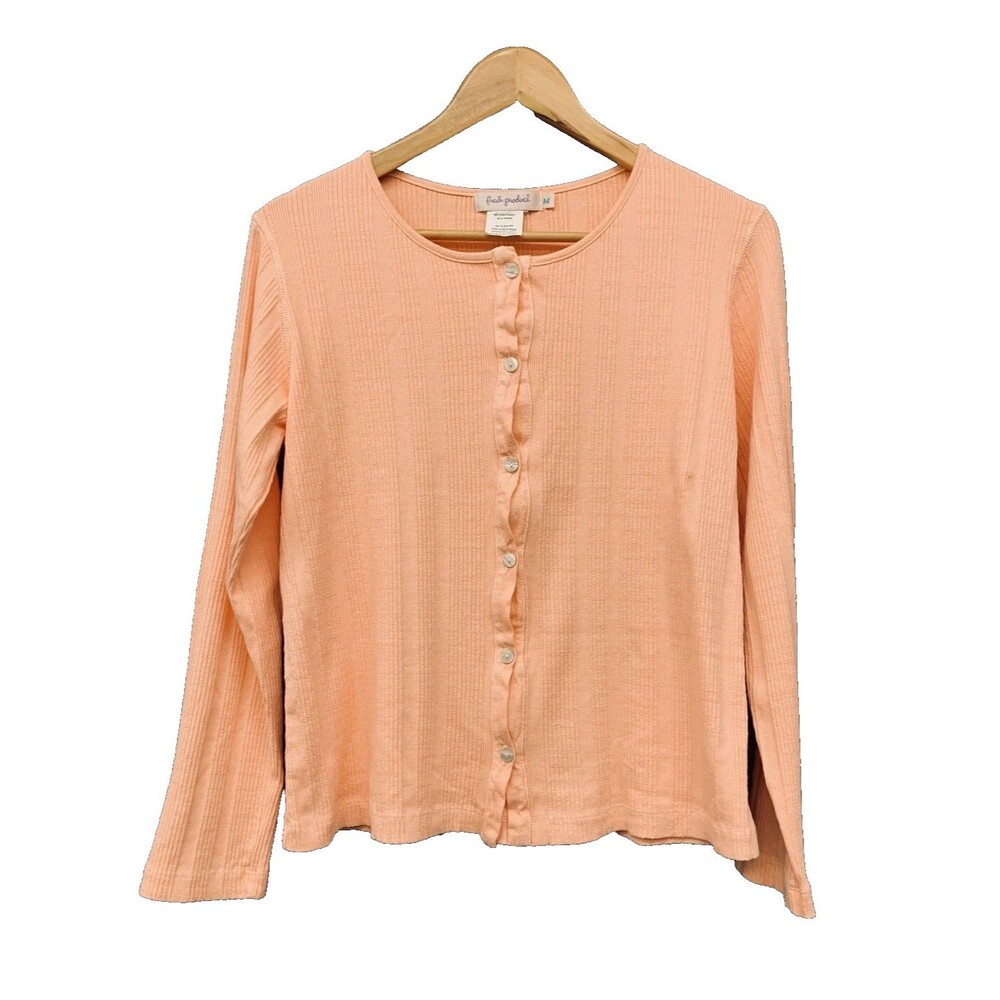 Vtg Fresh Produce Ribbed Cotton Cardigan M Pastel Orange Peach Coastal Grandma